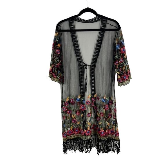 Asha Embroidered Kimono Coverup – Sheer Tassel Long Swim Duster OS - Picture 2 of 7